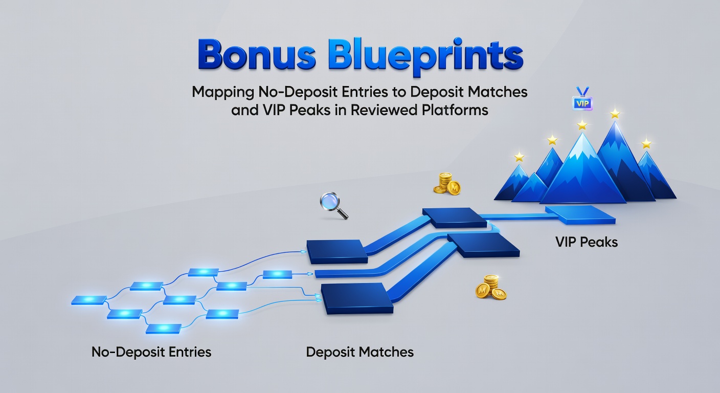Grafik zeigt den Weg von No-Deposit-Boni zu VIP-Levels in Casino-Plattformen mit Pfeilen und Stufen