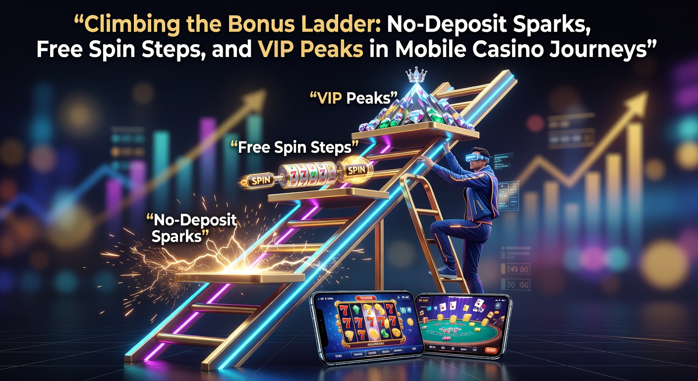 Spieler steigt eine leuchtende Bonusleiter in einem mobilen Casino-App hoch, umgeben von No-Deposit-Symbolen und Free-Spin-Icons