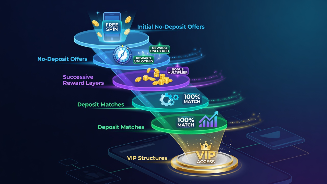 Darstellung eines Freispiel-Funnels mit Sequenzen von No-Deposit-Angeboten über Einzahlungs-Matches bis zu VIP-Strukturen auf mobilen Plattformen