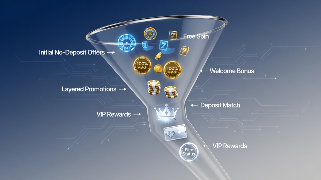 Darstellung eines strukturierten Free-Spin-Funnels mit Übergängen von No-Deposit-Angeboten über Willkommensboni zu VIP-Programmen auf mobilen Plattformen