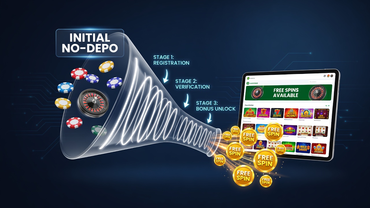 Visualisierung der mittleren und oberen Ebenen eines Free-Spin-Funnels mit Einzahlungsmatches und VIP-Belohnungen in Online-Casinos