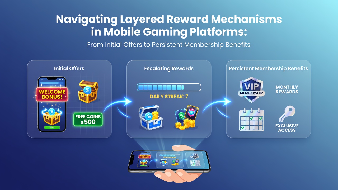 Illustration der schichtweisen Belohnungsmechanismen in mobilen Gaming-Plattformen mit Icons für Boni und VIP-Stufen