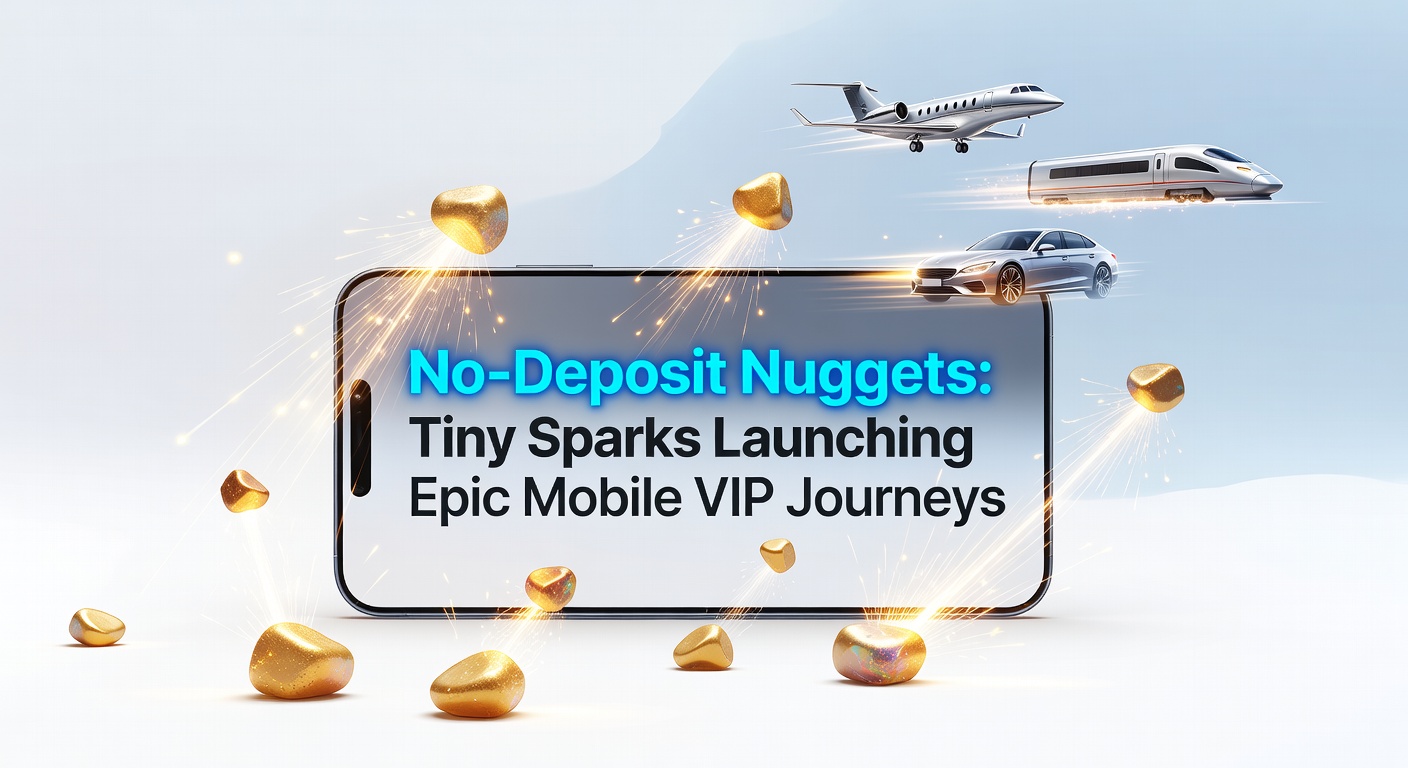 Ein mobiles Smartphone zeigt ein Casino-App-Interface mit leuchtenden No-Deposit-Boni und VIP-Stufen, die wie ein Aufstieg in eine glitzernde Welt wirken