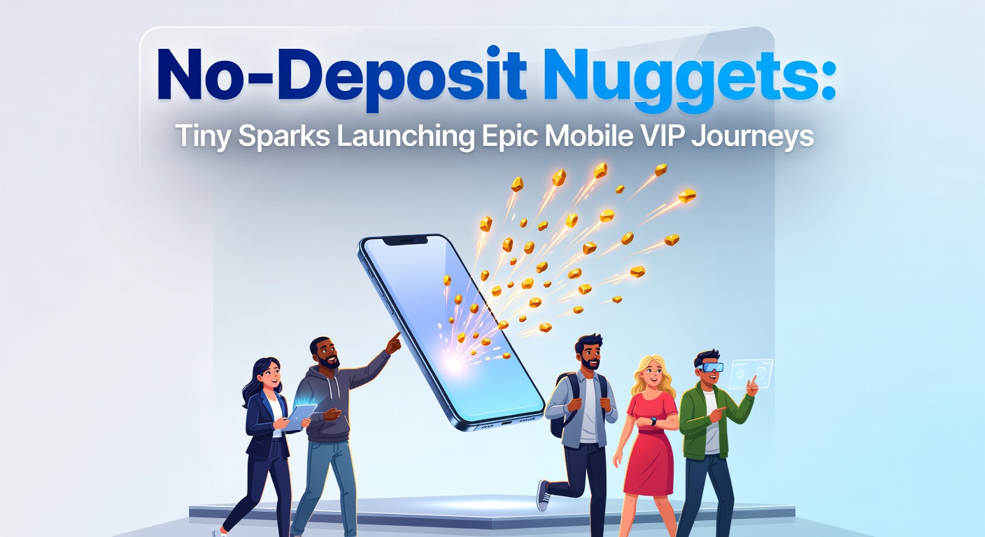 Grafik einer VIP-Leiter in einer Casino-App, mit No-Deposit-Boni als unterster Spark, der zu goldenen High-Roller-Stufen führt, umgeben von mobilen Icons und Gewinnsymbole