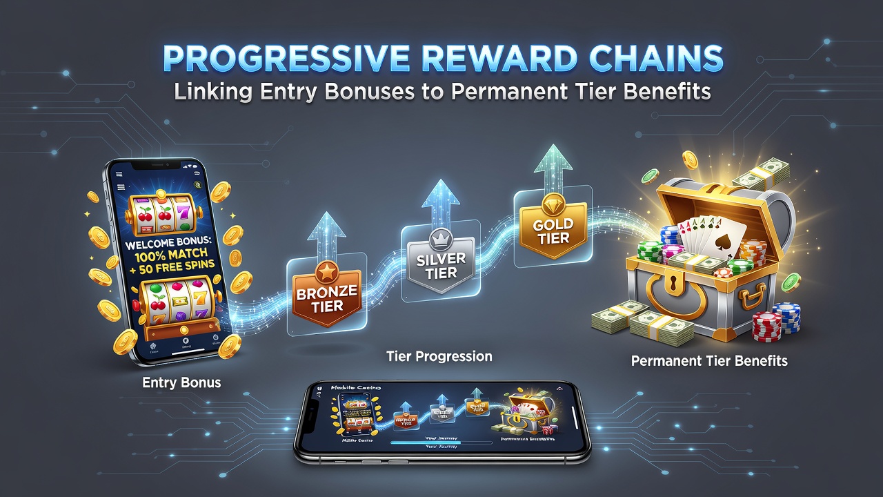 Darstellung einer mobilen Casino-App mit Bonusfortschritt von Einstiegsangeboten zu VIP-Stufen