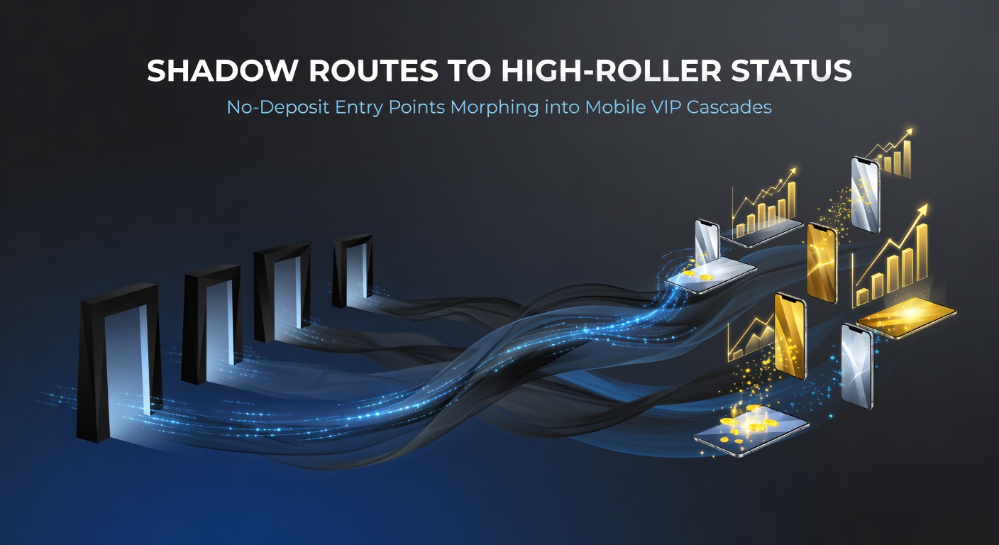 Grafik zeigt schattige Pfade, die von No-Deposit-Boni zu leuchtenden VIP-Türmen in mobilen Casinos führen