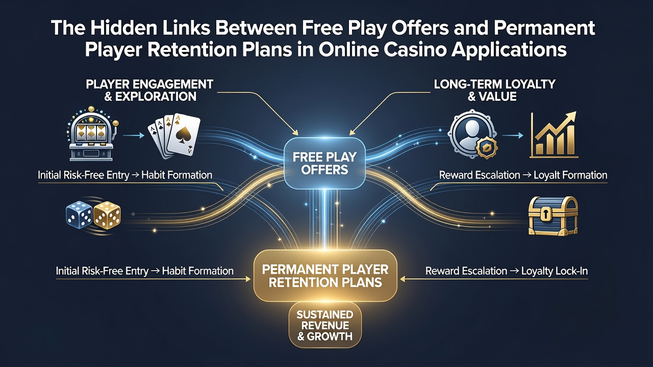 Illustration der Datenflüsse von Free-Play-Aktionen zu VIP-Retention-Strukturen in Online-Casinos