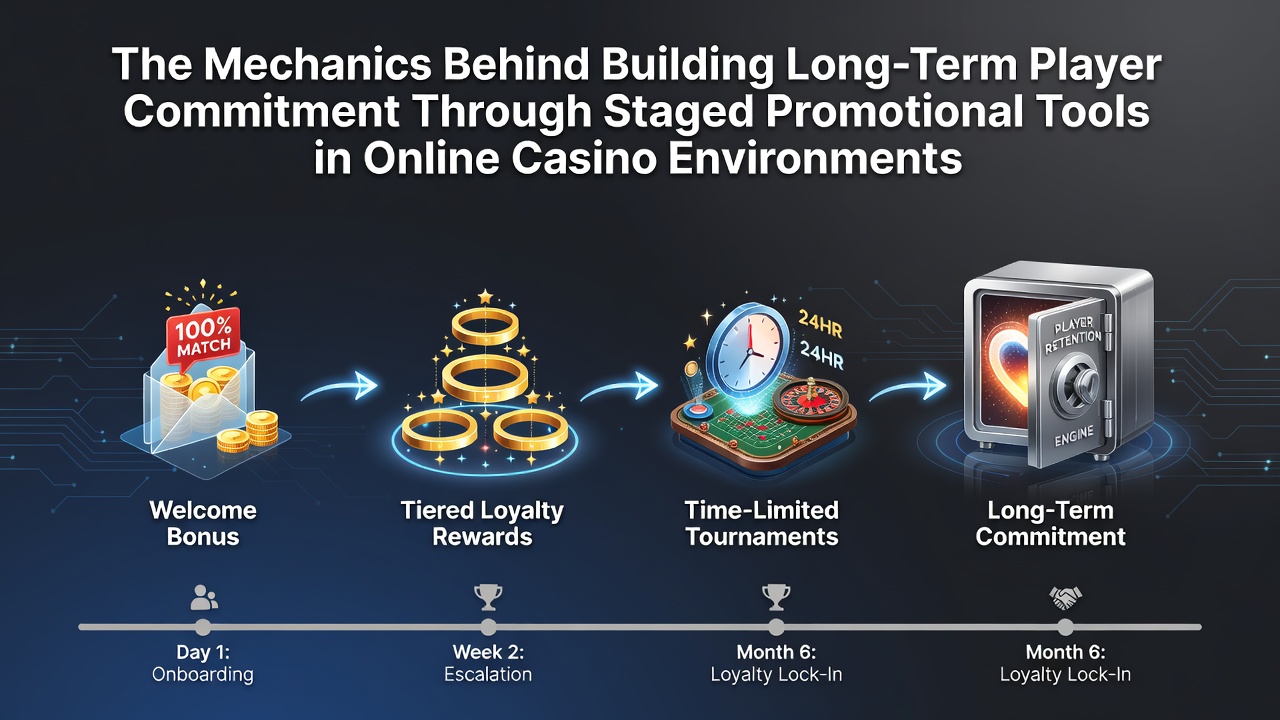Darstellung gestaffelter Werbeinstrumente in Online-Casinos mit Fokus auf progressive Anreize und Bindungsmechanismen